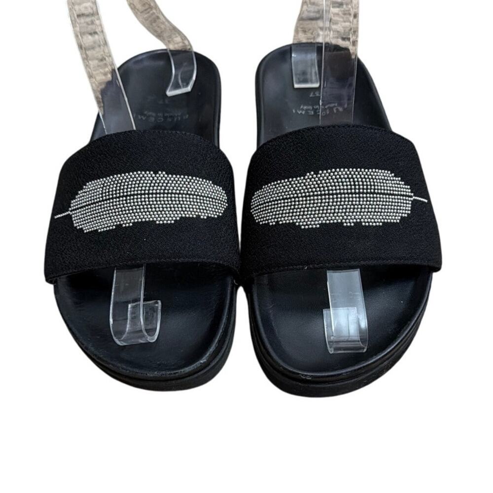 Buscemi Slide sandals black satin leather studded feather embellishment Size 7